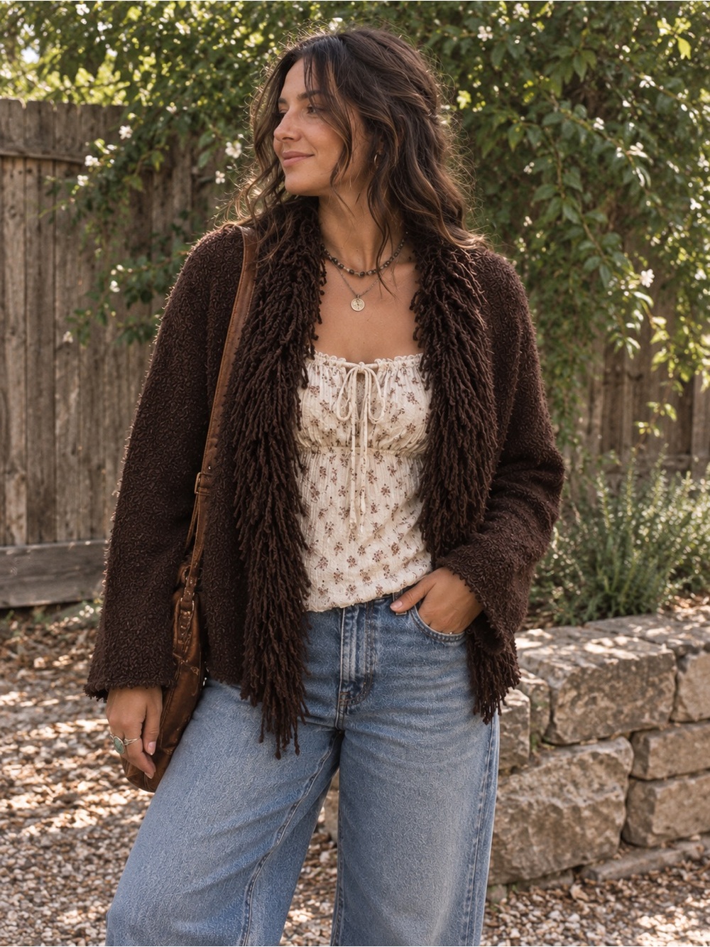 Apanage Black Bouclé Fringe Open Front Cardigan Sweater Boho Whimsigoth Cozy